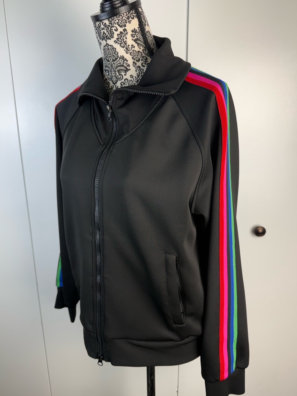SWANK Black track suit with rainbow detail zip pockets, drawstring large